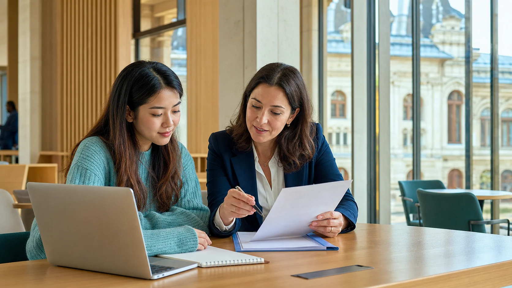Student reviewing Romanian university admission documents with an adviser