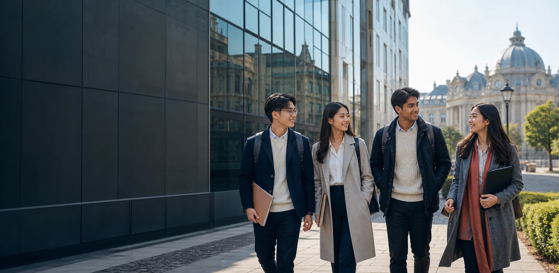 International students walking on a Romanian university campus